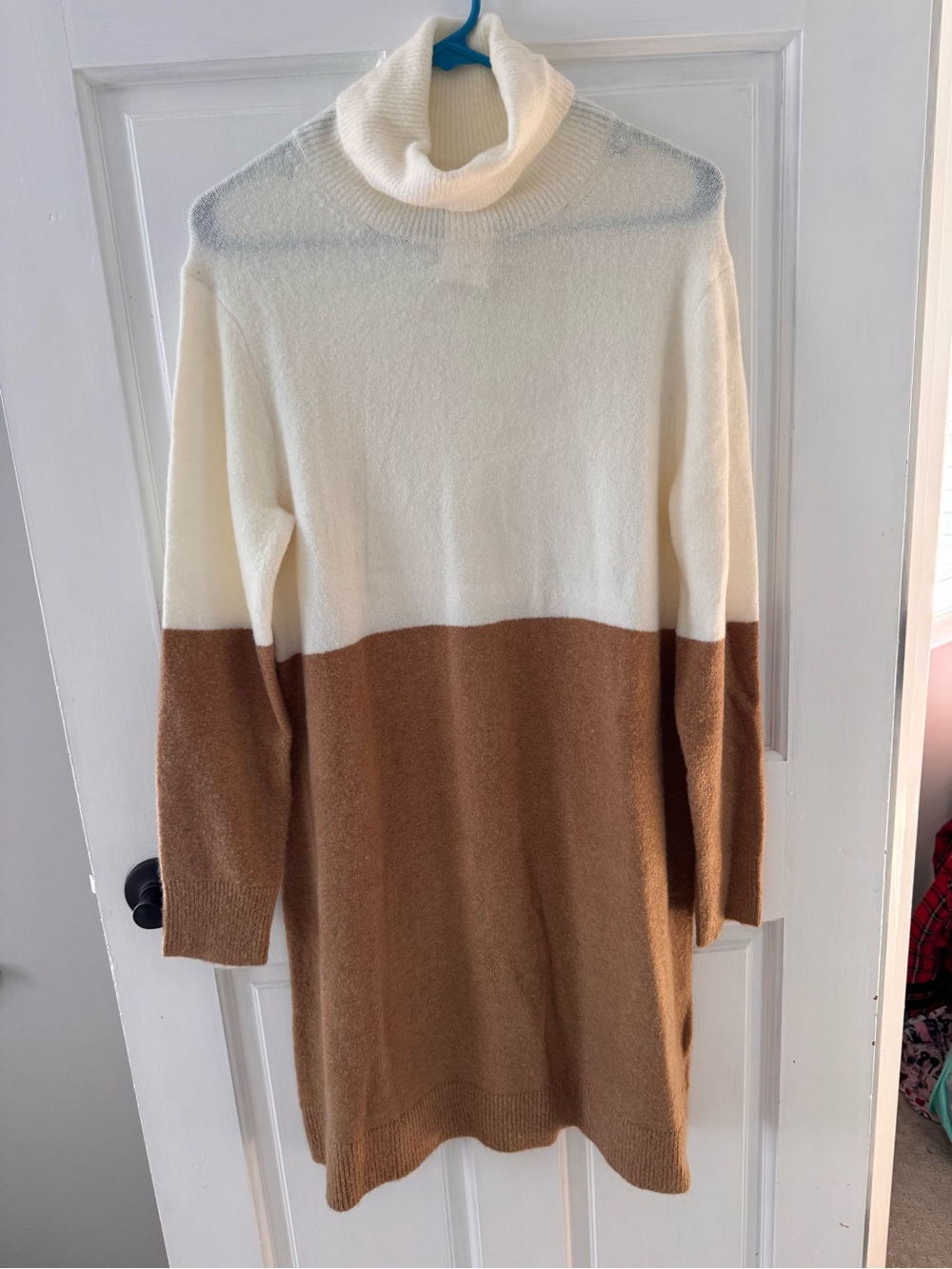 J. Crew Two-Tone Turtleneck Sweater Dress in Cream and Brown